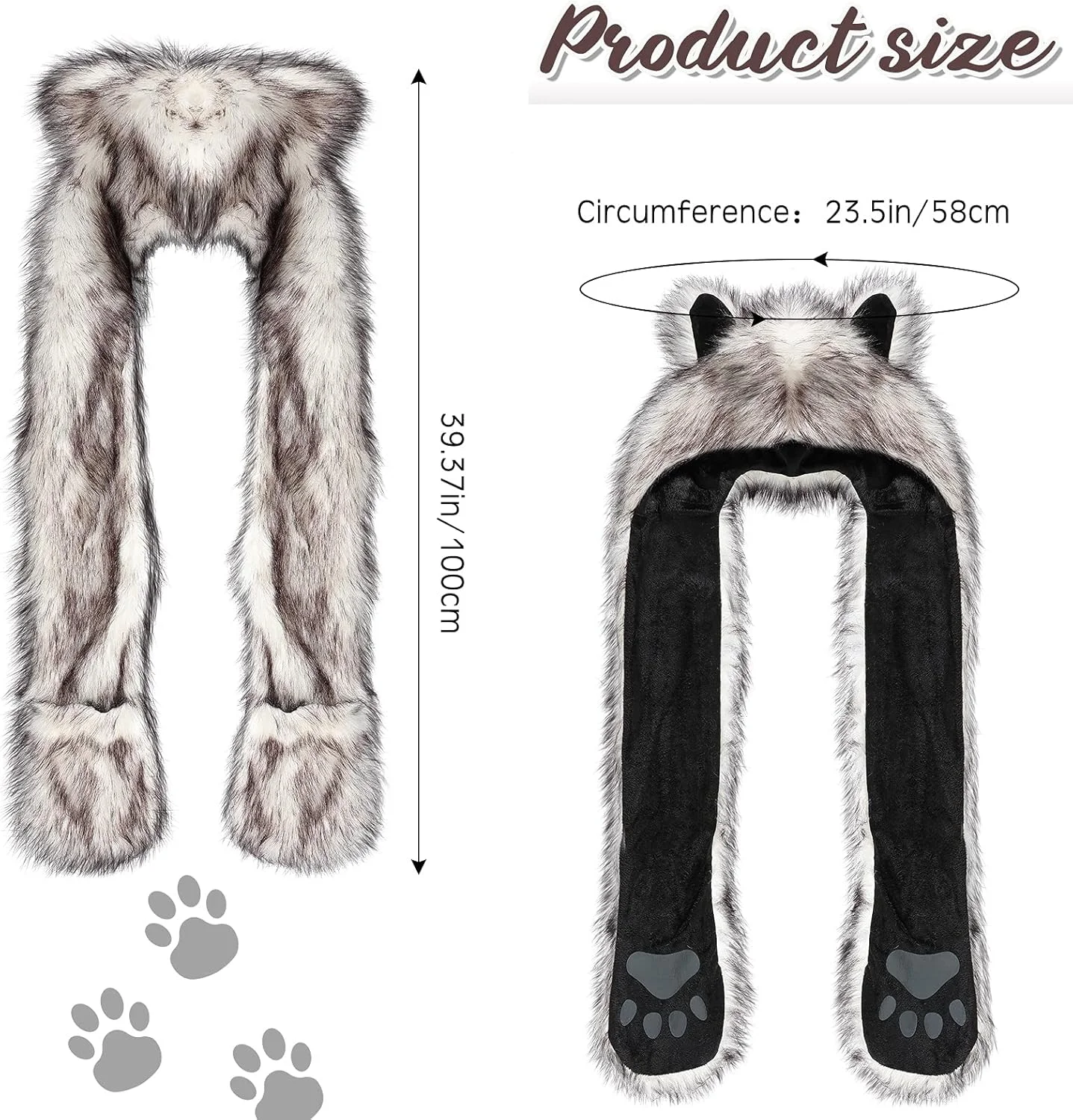 کلاه خزدار طرح گرگ، کلاه، دستکش، شال گردن، پنجه و گوش گرگ