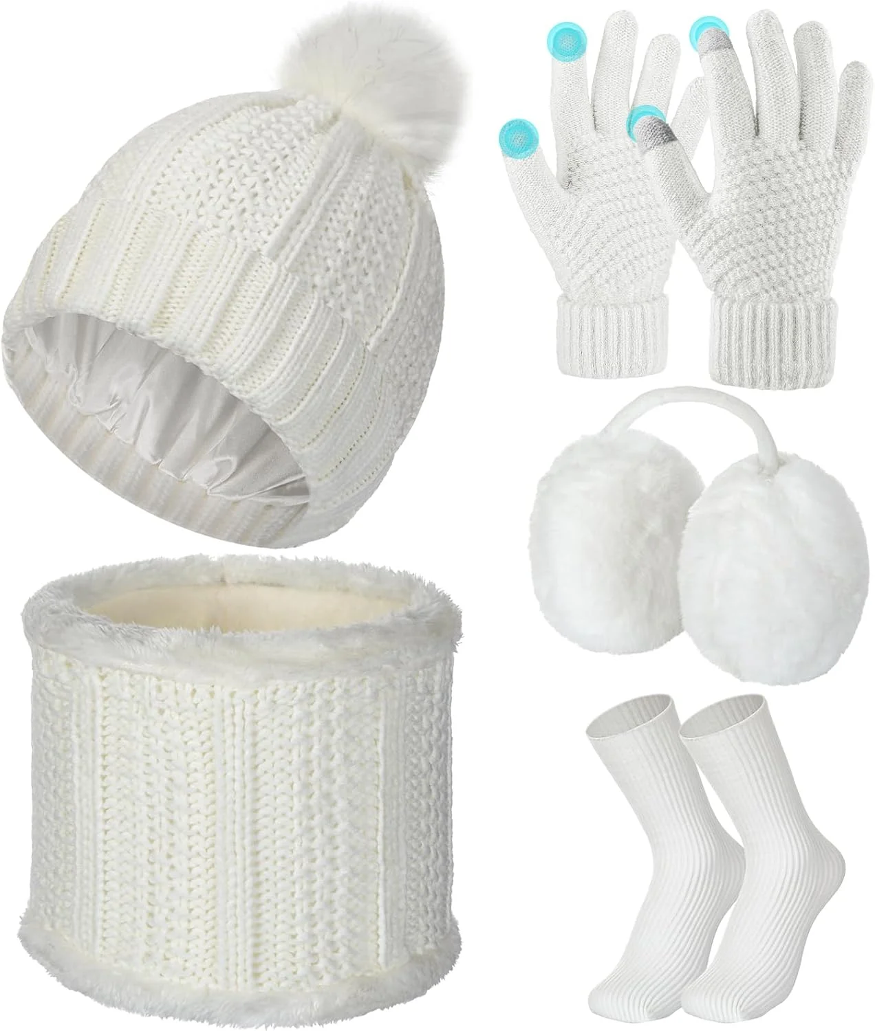 ست 5 تکه کلاه، شال گردن و دستکش زمستانی زنانه ساتینیور، کلاه بافتنی منگوله دار، دستکش های گرم صفحه لمسی، گوش گیر و جوراب ساق بلند