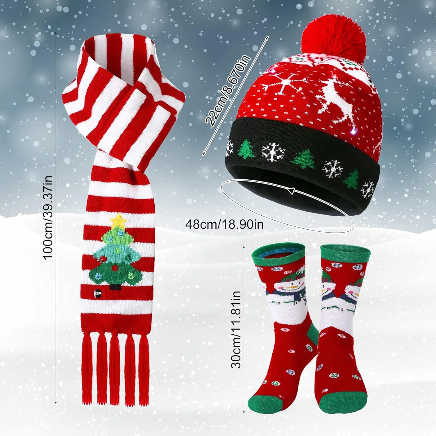کلاه زمستانی LED کریسمس SATINIOR، شال گردن با طرح کریسمس، جوراب ساق بلند برای زنان، مردان و نوجوانان، هدیه