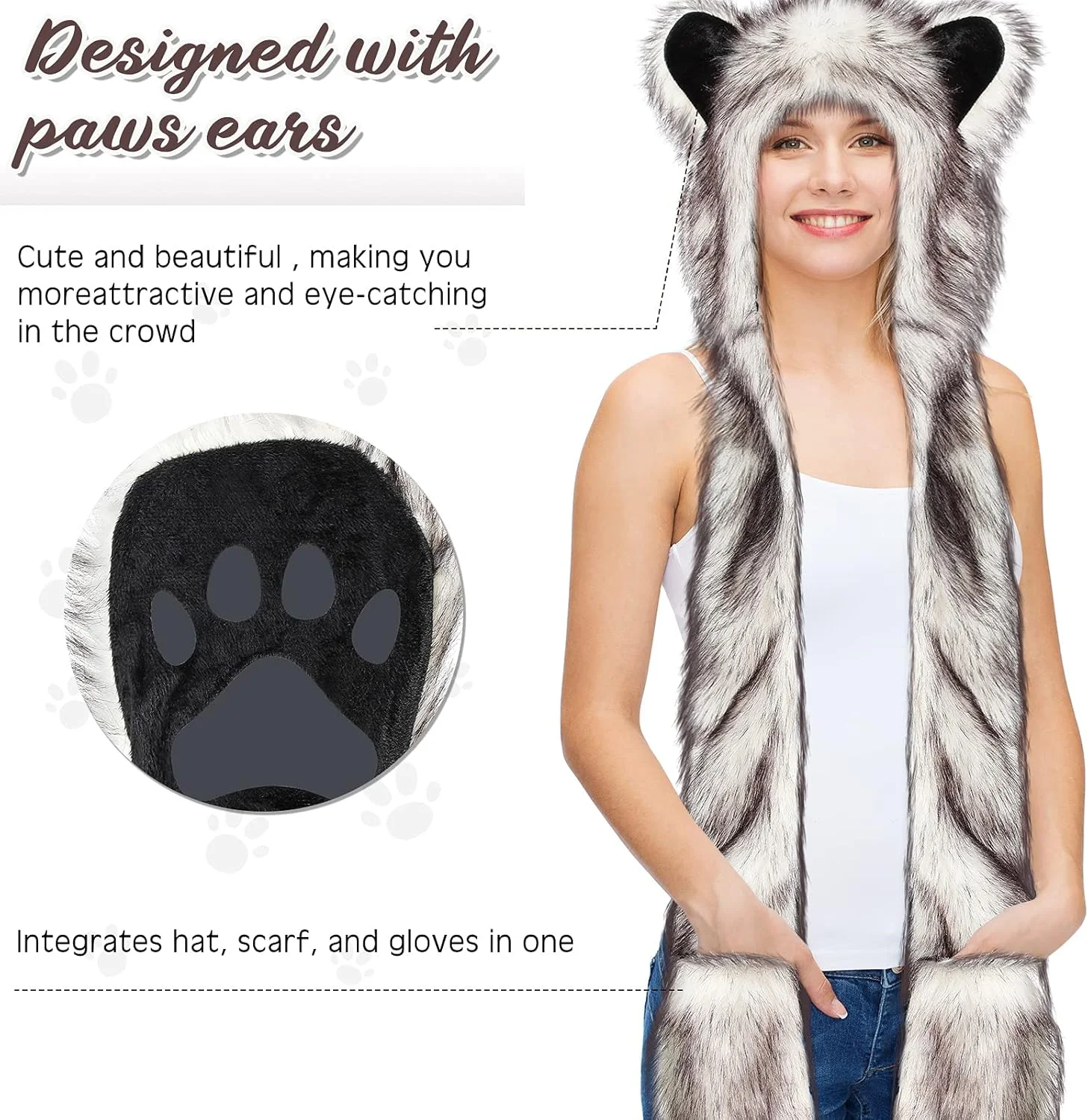 کلاه خزدار طرح گرگ، کلاه، دستکش، شال گردن، پنجه و گوش گرگ