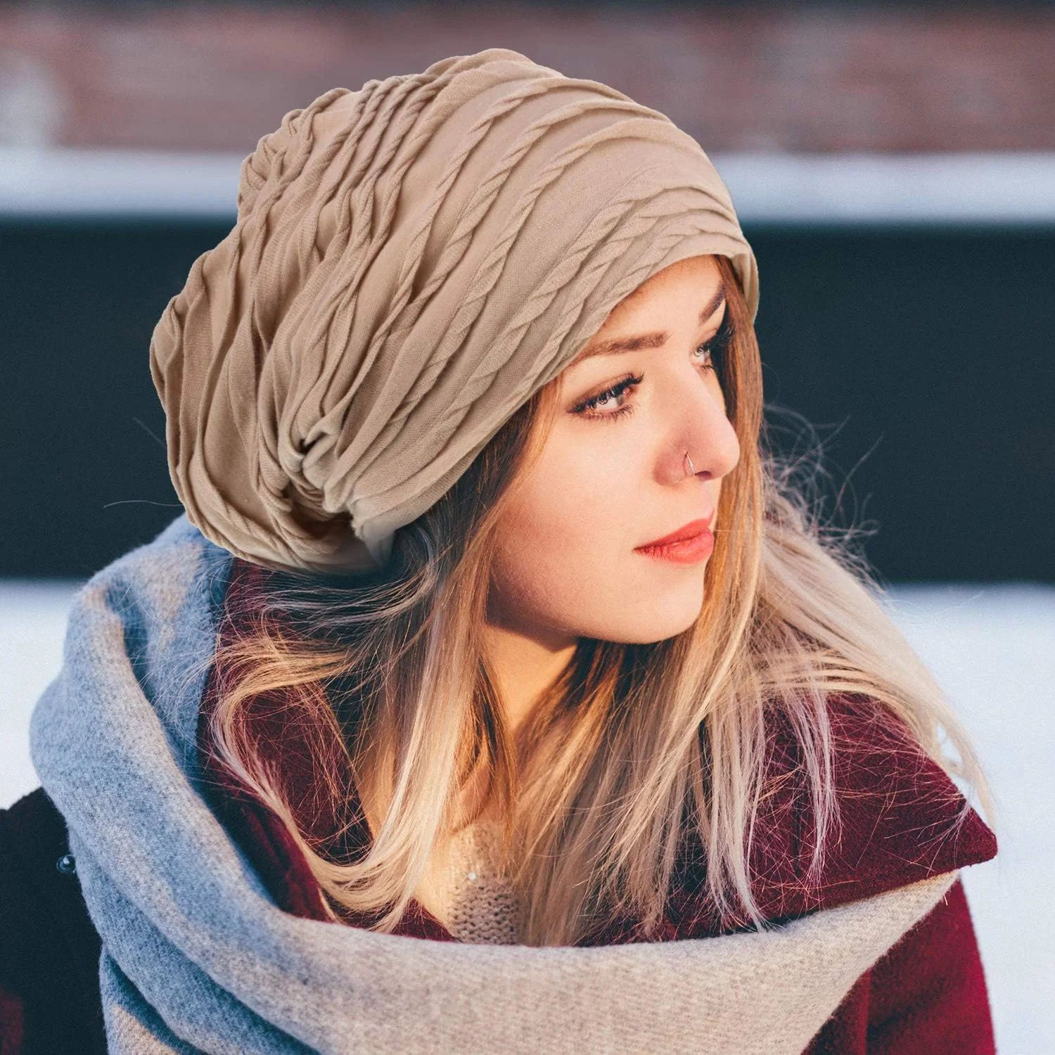 کلاه بافتنی چروک دار SATINIOR، 4 عدد، کلاه جمجمه ای شل و ول برای زمستان/پاییز، مشکی، خاکستری، خاکی و سرمه ای، تقریباً 26.5 x 28 سانتی متر