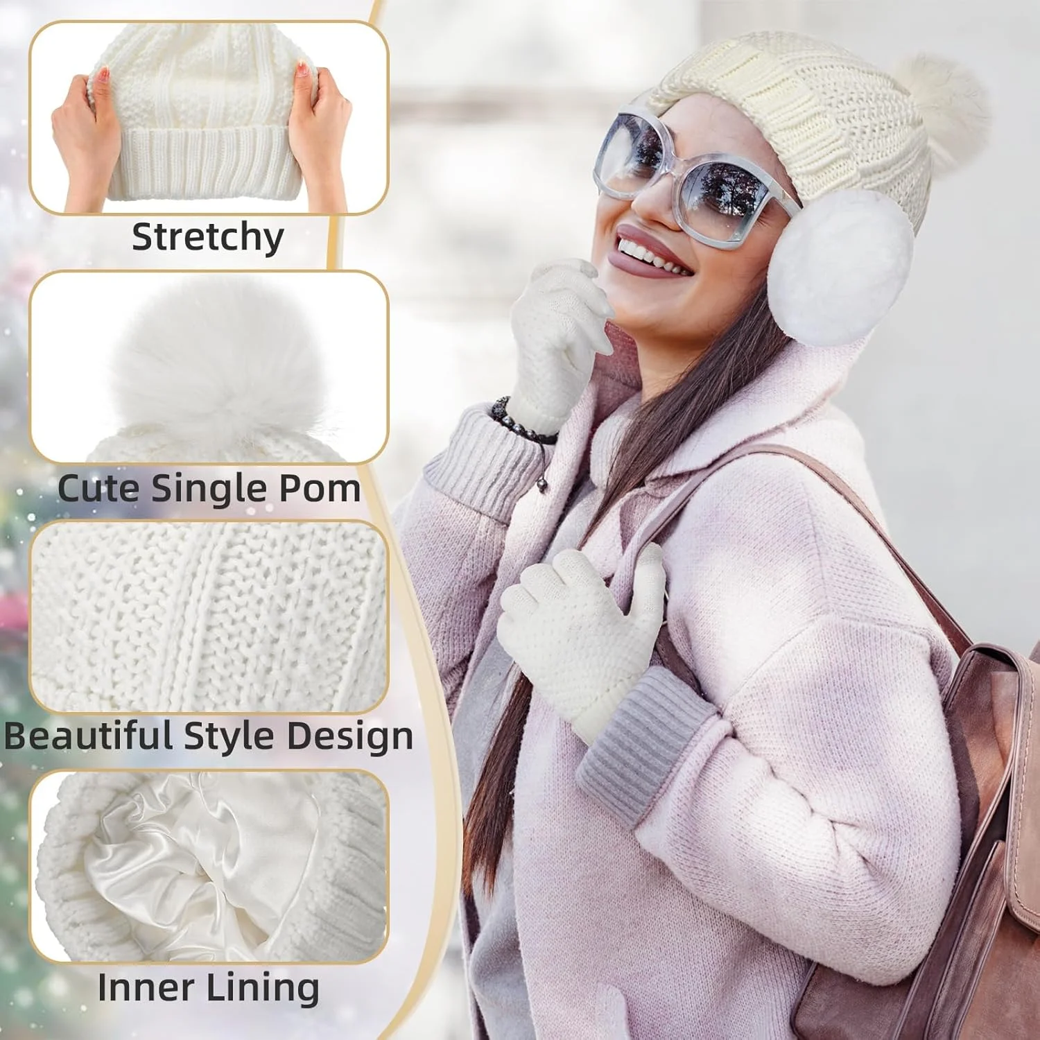 ست 5 تکه کلاه، شال گردن و دستکش زمستانی زنانه ساتینیور، کلاه بافتنی منگوله دار، دستکش های گرم صفحه لمسی، گوش گیر و جوراب ساق بلند