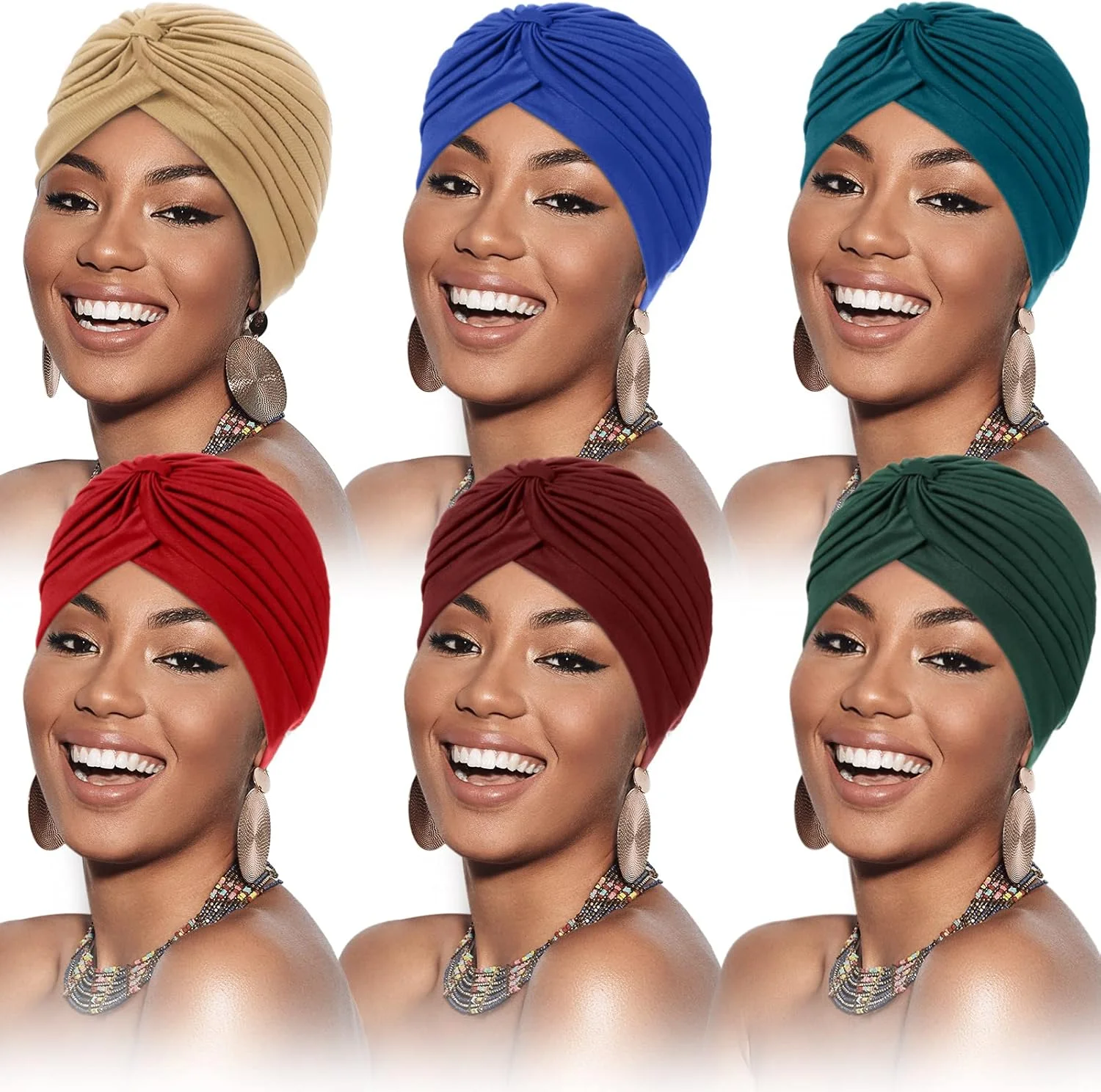 ساتینیور 6 عدد کلاه عمامه ای کشی زنانه، عمامه های شیمی درمانی گره دار نرم از قبل گره زده شده، کلاه های خواب زنانه، 6 رنگ
