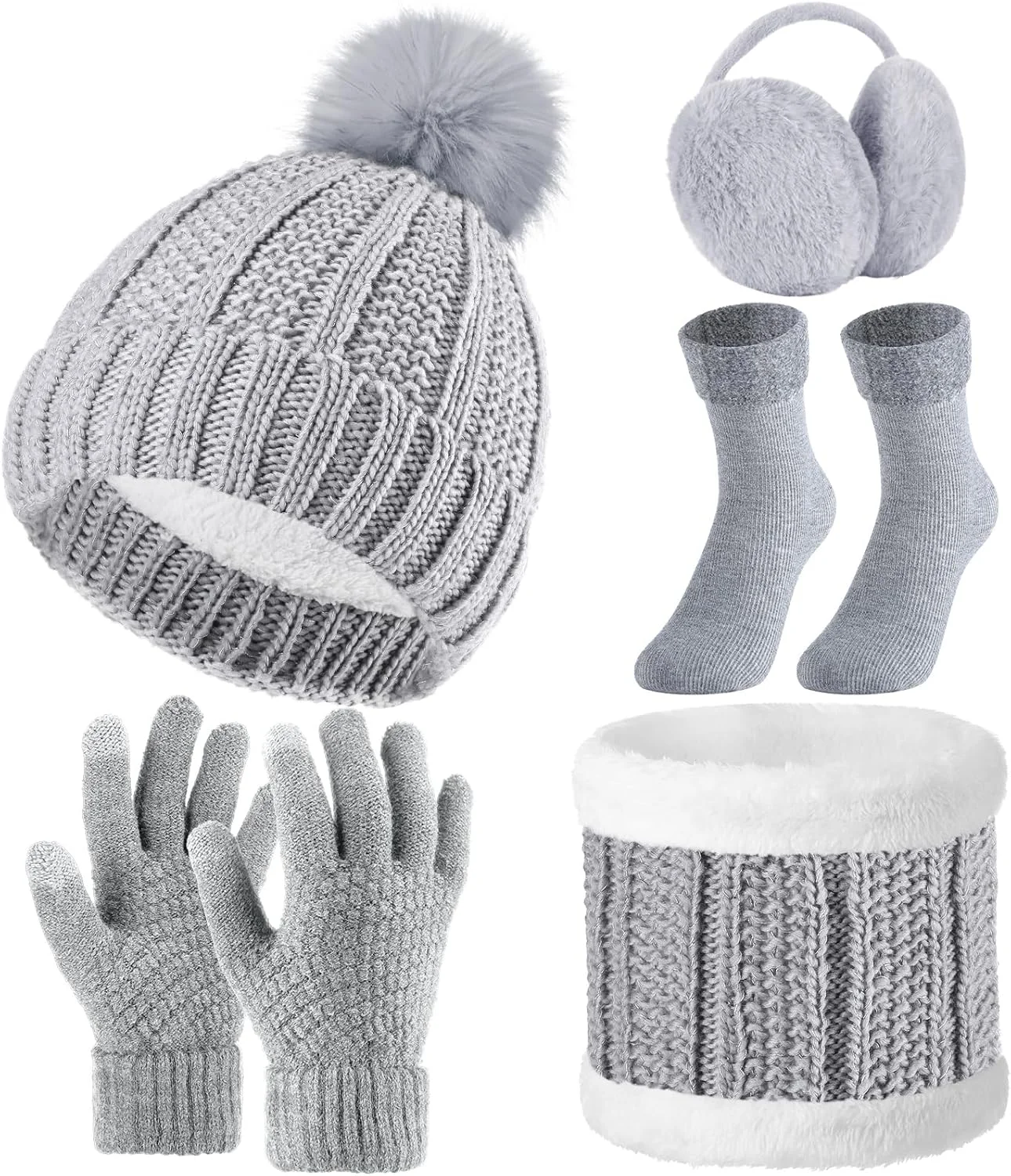 ست 5 تکه کلاه، شال گردن و دستکش زمستانی SATINIOR، کلاه بافتنی منگوله دار، دستکش های گرم صفحه لمسی، گوش گیر گرم و جوراب ساق بلند زنانه
