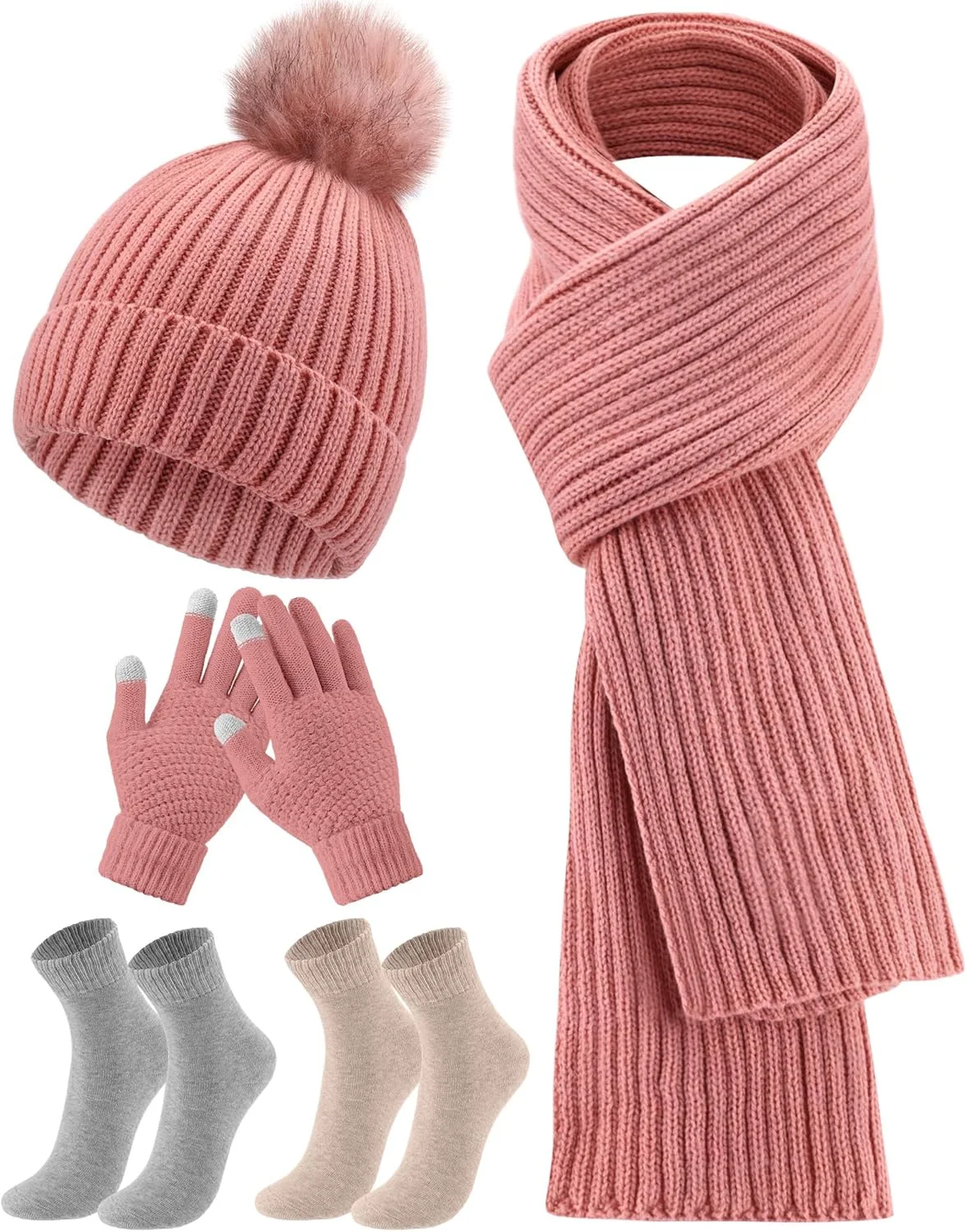 ست 5 تکه کلاه بافتنی زمستانی، شال گردن، دستکش های لمسی و جوراب های ضخیم ساتینیور، گرم و پشمی مناسب آقایان و بانوان
