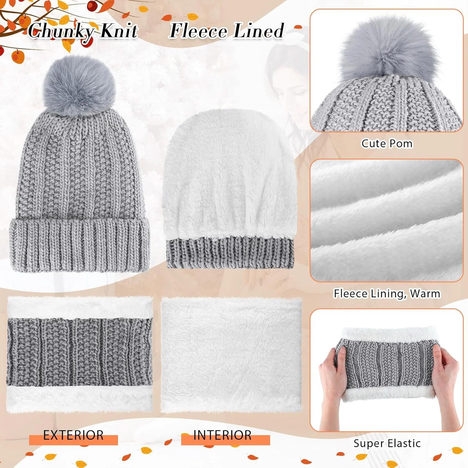 ست 5 تکه کلاه، شال گردن و دستکش زمستانی SATINIOR، کلاه بافتنی منگوله دار، دستکش های گرم صفحه لمسی، گوش گیر گرم و جوراب ساق بلند زنانه