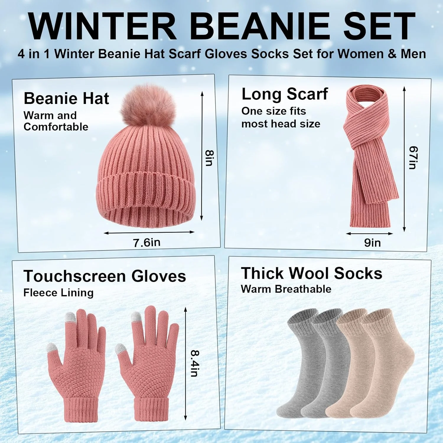 ست 5 تکه کلاه بافتنی زمستانی، شال گردن، دستکش های لمسی و جوراب های ضخیم ساتینیور، گرم و پشمی مناسب آقایان و بانوان