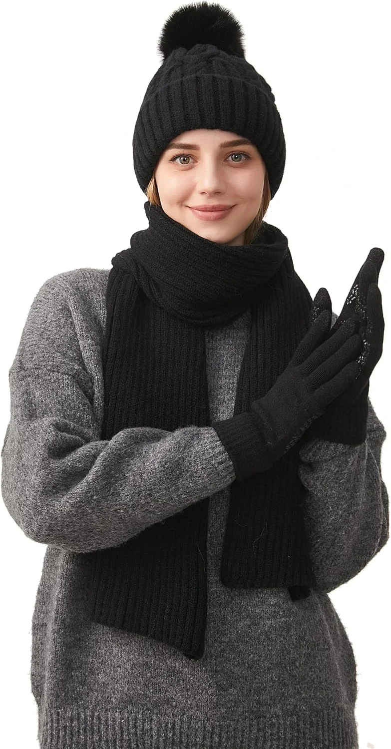 ست کلاه بافتنی، شال گردن و دستکش زنانه KASTWAVE، کلاه زمستانی پشمی با آستر پلار، شال گردن بافتنی بلند و دستکش های صفحه لمسی مناسب هوای سرد، کلاه های پشمی هدیه برای زنان و مردان