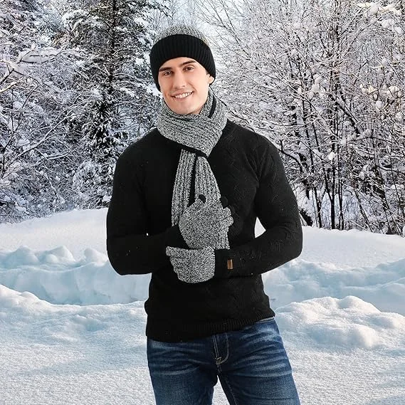 ست کلاه، شال گردن و دستکش زمستانی مردانه KASTWAVE، 3 تکه کلاه بافتنی گرم، شال گردن بلند و دستکش های تاچ اسکرین با آستر پشمی، لوازم جانبی حرارتی هوای سرد، مناسب برای مردان و زنان