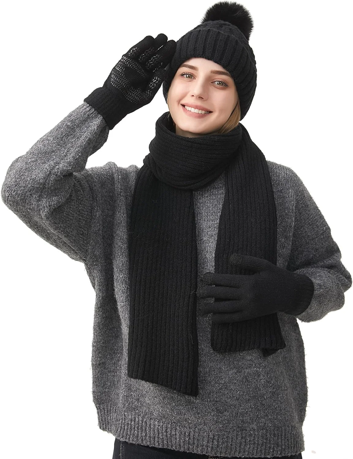 ست کلاه بافتنی، شال گردن و دستکش زنانه KASTWAVE، کلاه زمستانی پشمی با آستر پلار، شال گردن بافتنی بلند و دستکش های صفحه لمسی مناسب هوای سرد، کلاه های پشمی هدیه برای زنان و مردان