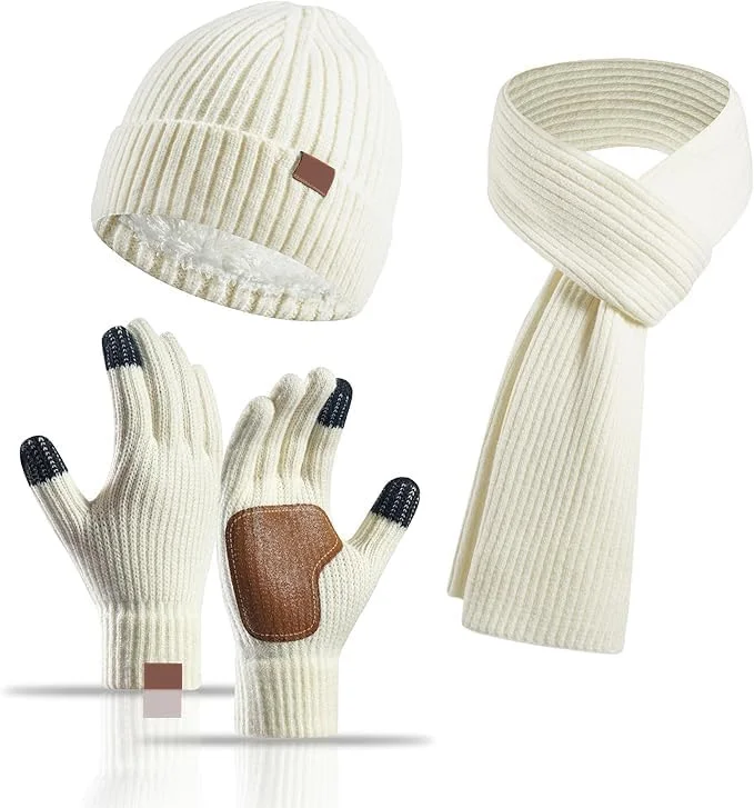 ست 3 تکه زمستانی زنانه KASTWAVE - کلاه بافتنی حرارتی، شال گردن بلند و دستکش های لمسی، لوازم جانبی گرم اسکی/فضای باز، هدیه زمستانی زیبا برای زنان - سفید