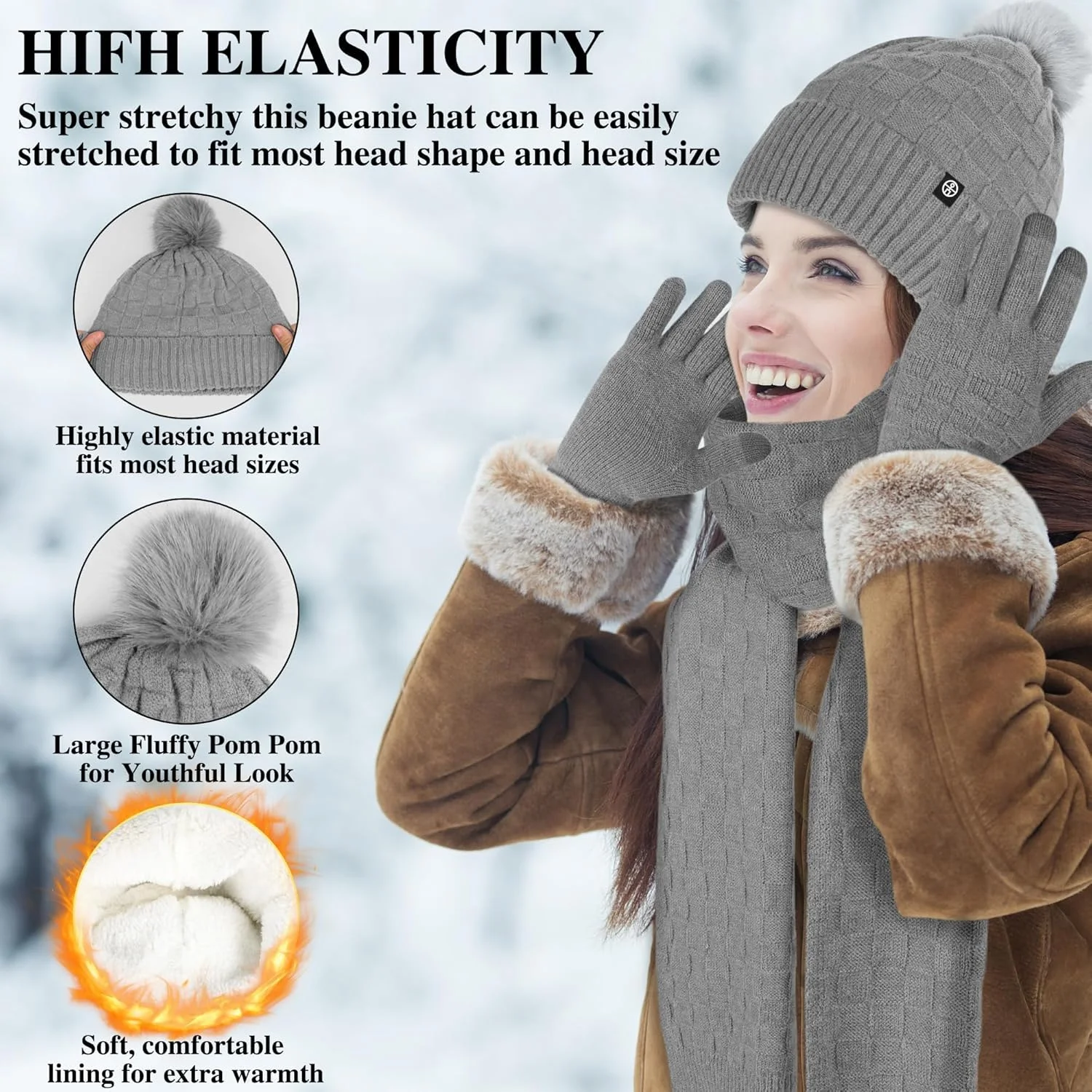 ست کلاه بافتنی زمستانی گرم، شال گردن و دستکش های لمسی KASTWAVE - کلاه های لبه دار پشمی با طرح شبکه ای برای زنان و مردان، لوازم جانبی شیک برای هوای سرد