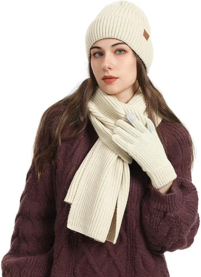 ست 3 تکه زمستانی زنانه KASTWAVE - کلاه بافتنی حرارتی، شال گردن بلند و دستکش های لمسی، لوازم جانبی گرم اسکی/فضای باز، هدیه زمستانی زیبا برای زنان - سفید