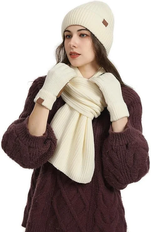 ست 3 تکه زمستانی زنانه KASTWAVE - کلاه بافتنی حرارتی، شال گردن بلند و دستکش های لمسی، لوازم جانبی گرم اسکی/فضای باز، هدیه زمستانی زیبا برای زنان - سفید