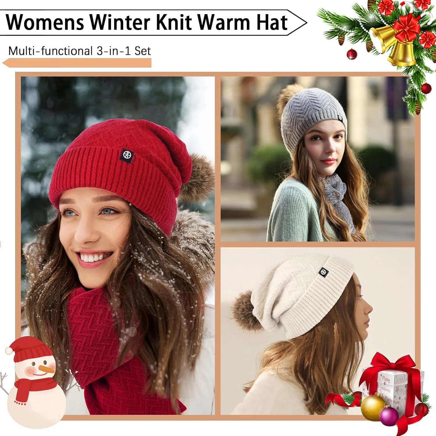ست کلاه بافتنی، شال گردن و دستکش 3 تکه زمستانی، کلاه بافتنی گرم با دستکش های صفحه لمسی، کلاه جمجمه پشمی برای زنان، لوازم جانبی هوای سرد برای فعالیت های خارج از منزل