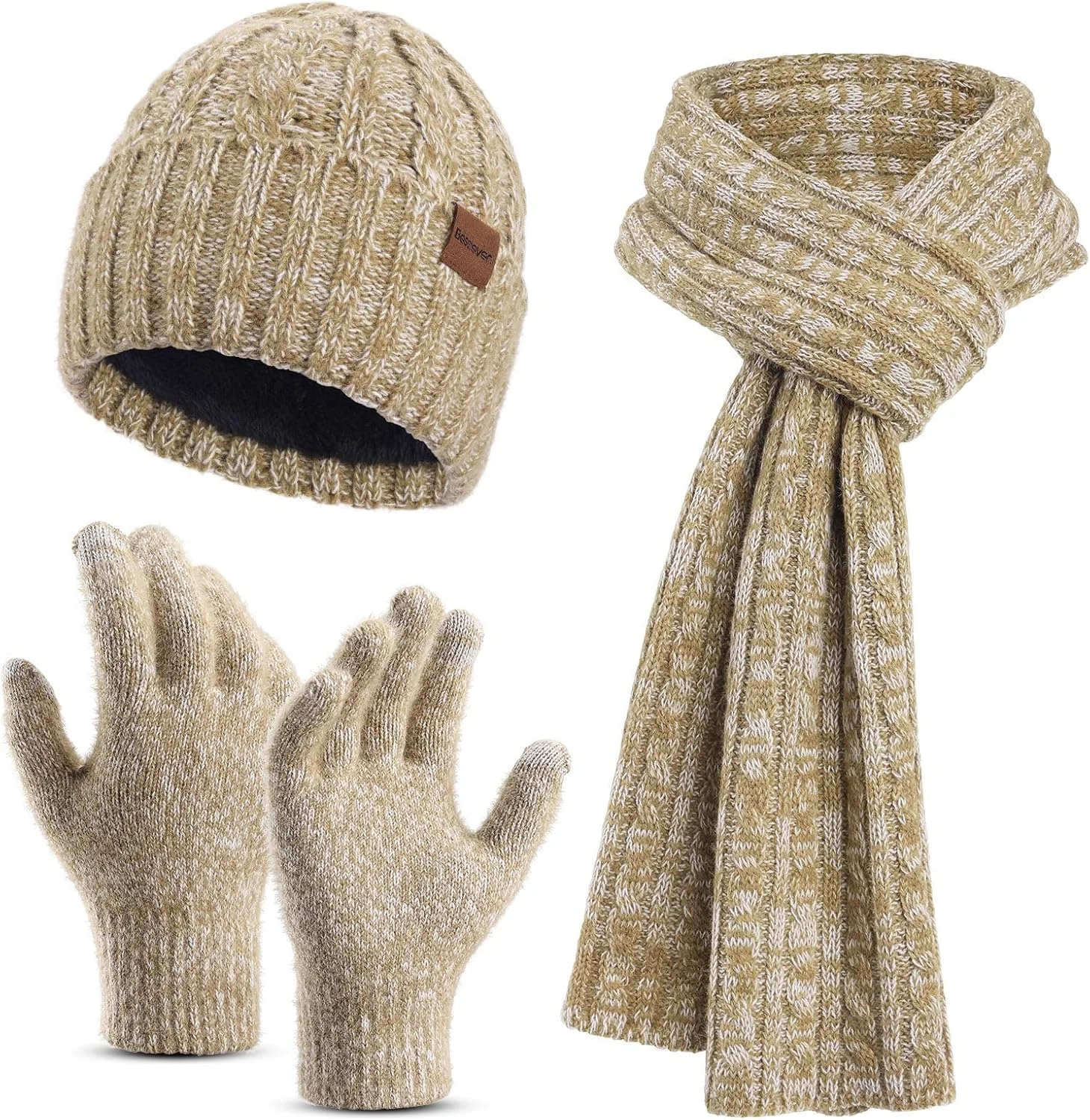 ست کلاه بافتنی، شال گردن و دستکش زمستانی 3 تکه KASTWAVE مناسب آقایان و بانوان، کلاه اسکی، دستکش های صفحه لمسی، ست ست زوجی، کلاه های ست مردانه و زنانه، هدیه زمستانی، خاکی، سایز آزاد
