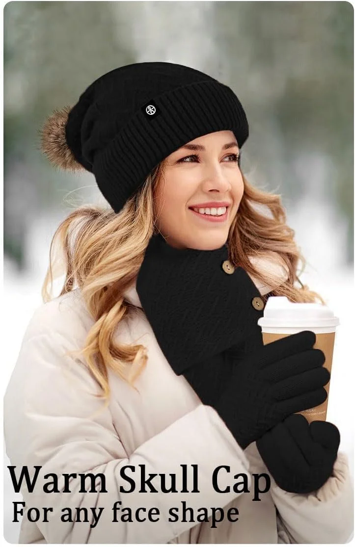 ست کلاه بافتنی، شال گردن و دستکش 3 تکه زمستانی، کلاه بافتنی گرم با دستکش های صفحه لمسی، کلاه جمجمه پشمی برای زنان، لوازم جانبی هوای سرد برای فعالیت های خارج از منزل