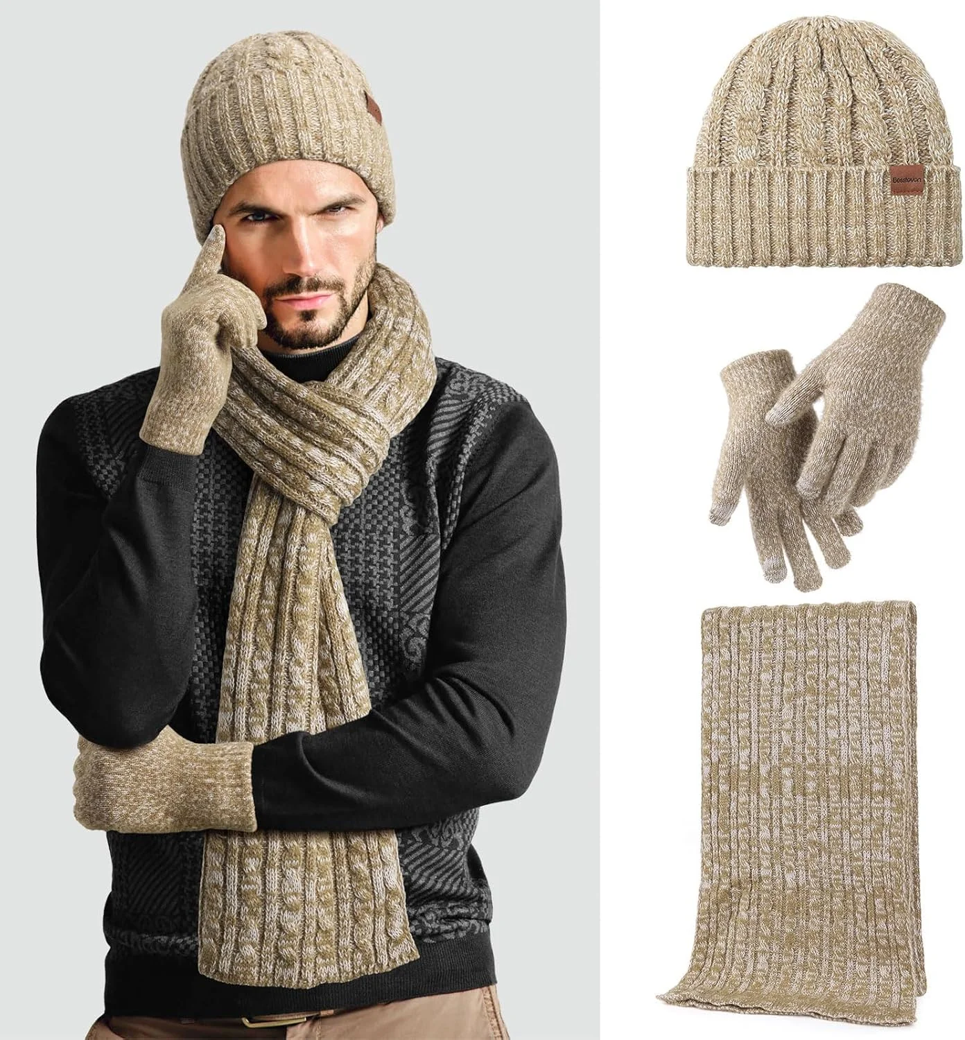 ست کلاه بافتنی، شال گردن و دستکش زمستانی 3 تکه KASTWAVE مناسب آقایان و بانوان، کلاه اسکی، دستکش های صفحه لمسی، ست ست زوجی، کلاه های ست مردانه و زنانه، هدیه زمستانی، خاکی، سایز آزاد