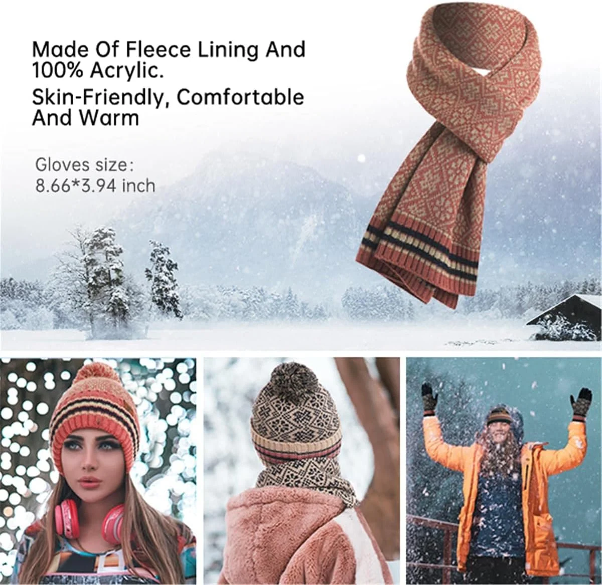 ست 3 تکه لوازم جانبی زمستانی KASTWAVE: کلاه بافتنی پشمی، دستکش های صفحه لمسی و گرمکن گردن برای خانم ها