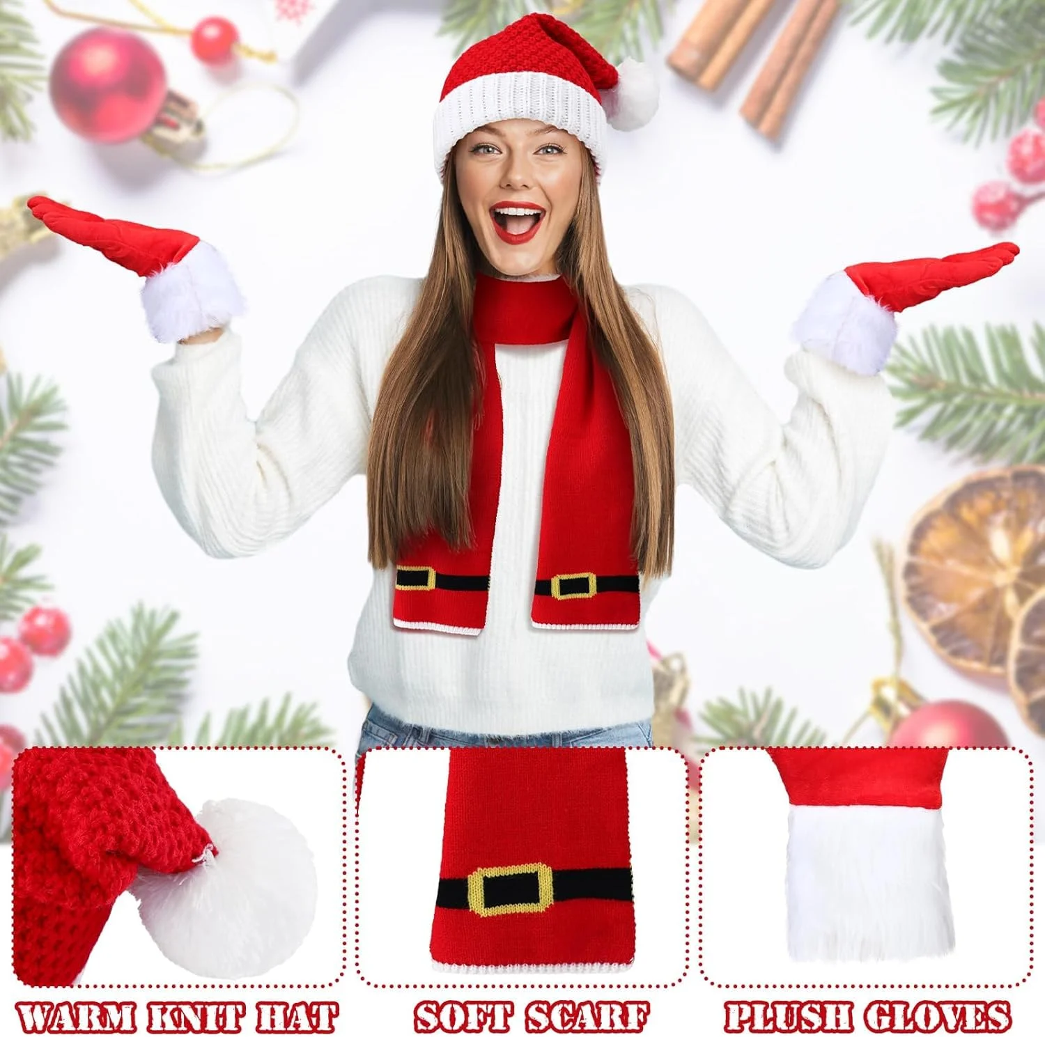 ست 3 تکه کلاه، شال گردن و دستکش کریسمس KASTWAVE - کلاه بافتنی زمستانی الف، شال گردن بابانوئل برای مهمانی - ست هدیه گرم унисекс