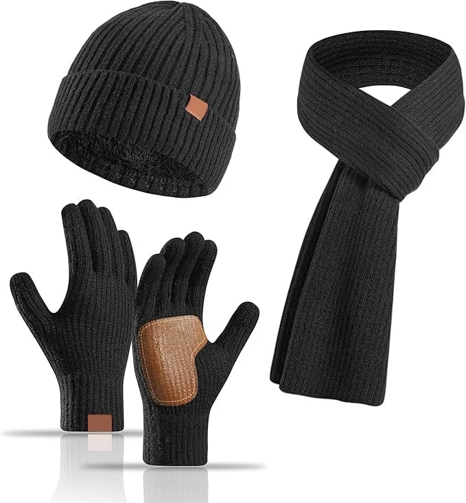 ست 3 تکه زمستانی زنانه KASTWAVE - کلاه بافتنی حرارتی، شال گردن بلند و دستکش های لمسی، لوازم جانبی گرم اسکی/فضای باز، هدیه زمستانی زیبا برای زنان - مشکی