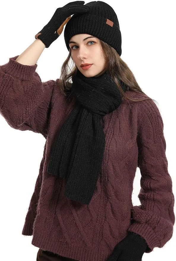 ست 3 تکه زمستانی زنانه KASTWAVE - کلاه بافتنی حرارتی، شال گردن بلند و دستکش های لمسی، لوازم جانبی گرم اسکی/فضای باز، هدیه زمستانی زیبا برای زنان - مشکی ست 3 تکه زمستانی زنانه KASTWAVE - کلاه بافتنی حرارتی، شال گردن بلند و دستکش های لمسی، لوازم جانبی گرم اسکی/فضای باز، هدیه زمستانی زیبا برای زنان - مشکی