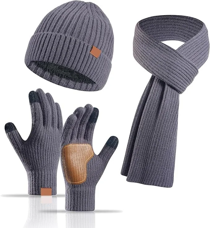 ست 3 تکه زمستانی زنانه KASTWAVE - کلاه بافتنی حرارتی، شال گردن بلند و دستکش های صفحه لمسی، لوازم جانبی گرم اسکی/فضای باز، هدیه زمستانی زیبا برای زنان - خاکستری تیره