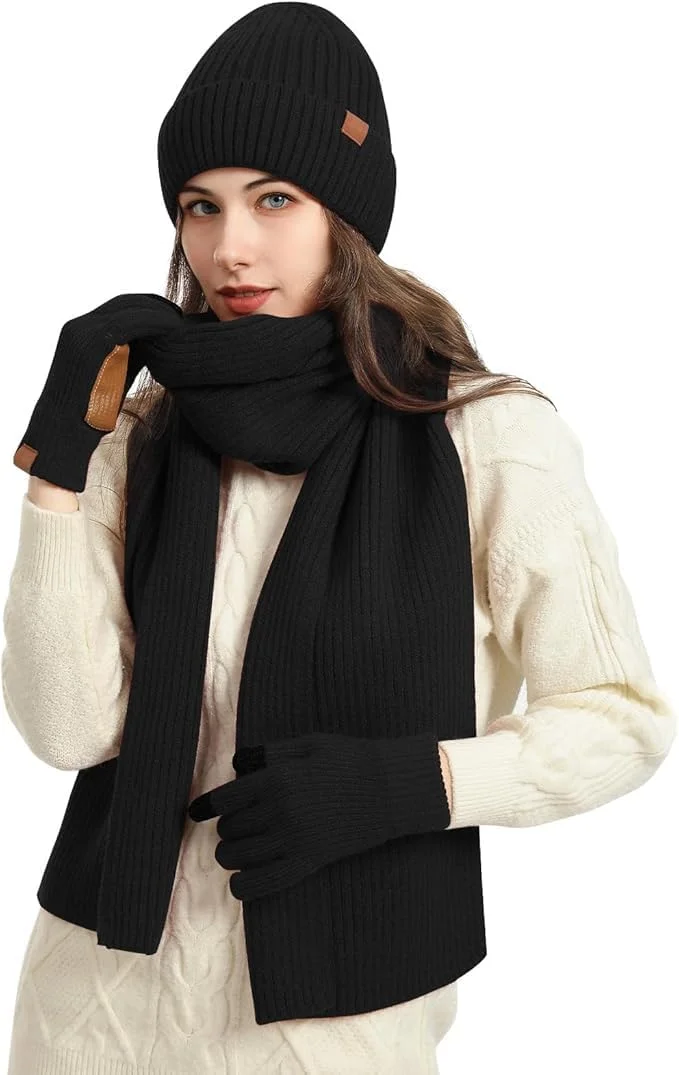 ست 3 تکه زمستانی زنانه KASTWAVE - کلاه بافتنی حرارتی، شال گردن بلند و دستکش های لمسی، لوازم جانبی گرم اسکی/فضای باز، هدیه زمستانی زیبا برای زنان - مشکی ست 3 تکه زمستانی زنانه KASTWAVE - کلاه بافتنی حرارتی، شال گردن بلند و دستکش های لمسی، لوازم جانبی گرم اسکی/فضای باز، هدیه زمستانی زیبا برای زنان - مشکی