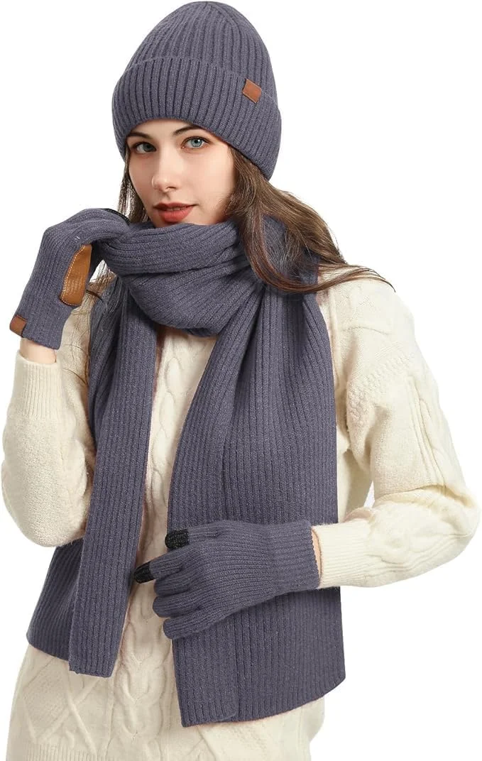 ست 3 تکه زمستانی زنانه KASTWAVE - کلاه بافتنی حرارتی، شال گردن بلند و دستکش های صفحه لمسی، لوازم جانبی گرم اسکی/فضای باز، هدیه زمستانی زیبا برای زنان - خاکستری تیره ست 3 تکه زمستانی زنانه KASTWAVE - کلاه بافتنی حرارتی، شال گردن بلند و دستکش های صفحه لمسی، لوازم جانبی گرم اسکی/فضای باز، هدیه زمستانی زیبا برای زنان - خاکستری تیره