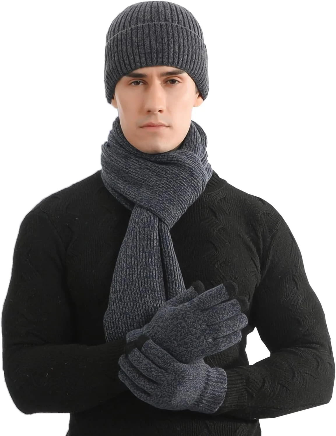 ست کلاه، شال گردن و دستکش زمستانی 3 تکه KASTWAVE - دستکش های لمسی مردانه - کلاه های بافتنی - شال گردن بلند حرارتی - دارای آستر پشمی برای ورزش های فضای باز مردانه و زنانه - سرمه ای