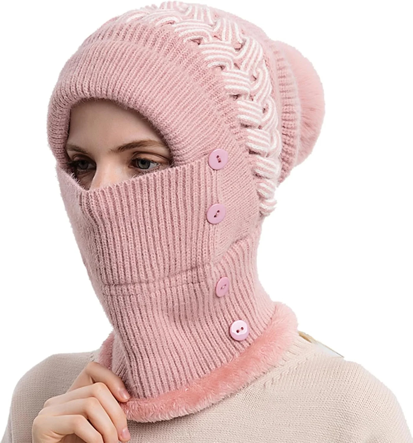 کلاه بافتنی زنانه پوم دار KASTWAVE با آستر پشم گوسفند، ست شال و ماسک زمستانی برای زنان و دختران، کلاه های برفی با گوشی، کلاه اسکی زمستانی گرم و نرم با پوم پوم