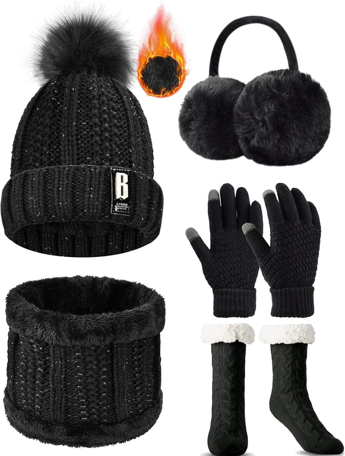 ست کلاه بافتنی و شال گردن 5 تکه زمستانی، گوش گرم کن های پولیشی زمستانی، شال گردن بافتنی گرم، کلاه بافتنی و ست دستکش های صفحه لمسی، جوراب های حرارتی زنانه برای کلاه اسکی ورزش های فضای باز، مشکی