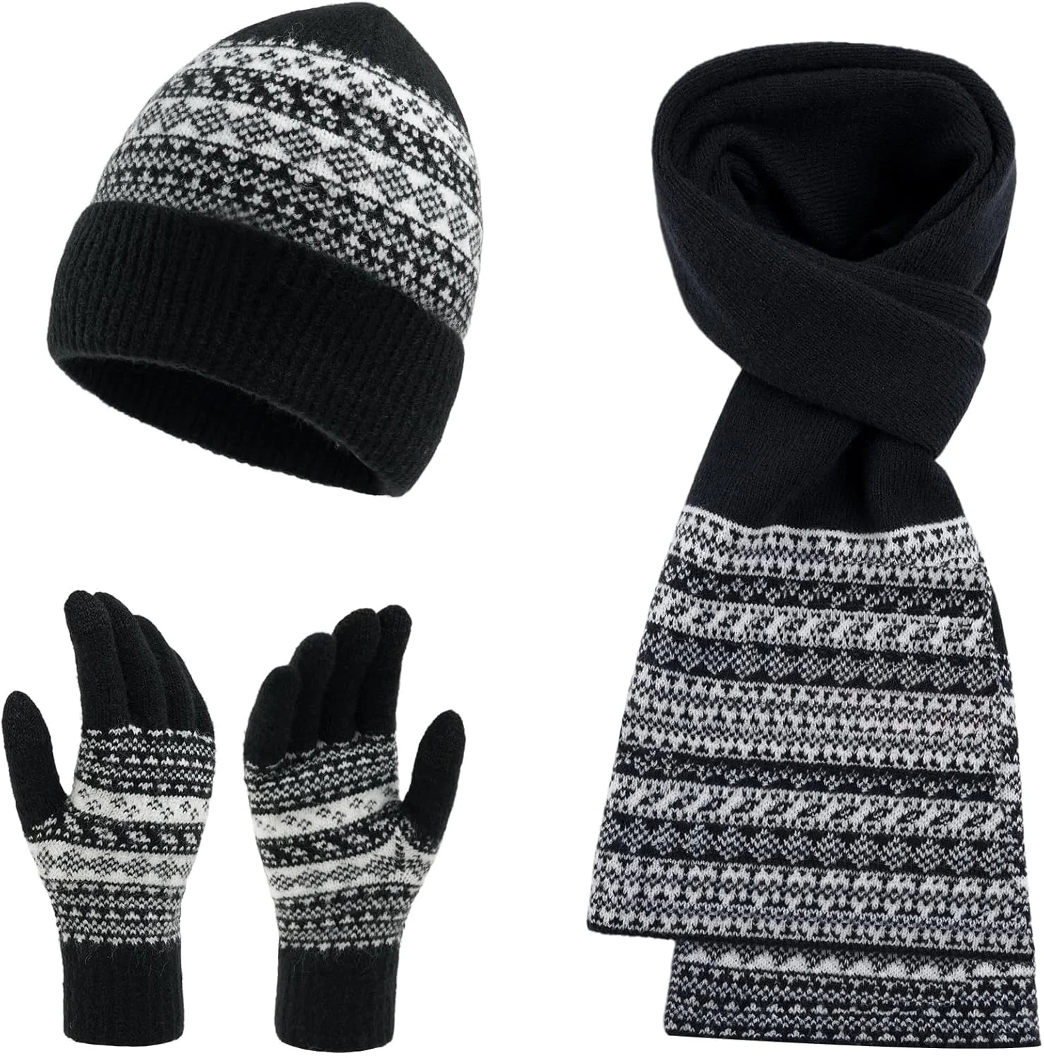 ست کلاه بافتنی زمستانی، شال گردن و دستکش زنانه KASTWAVE - شال گردن بلند ضخیم و گرم، دستکش های صفحه لمسی و کلاه جمجمه، شال گردن های راحت، مناسب برای زنان و مردان، لوازم جانبی هوای سرد و هدیه زمستانی - مشکی