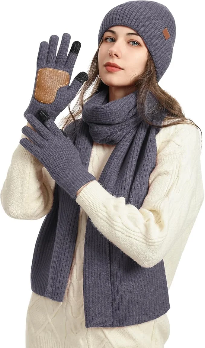ست 3 تکه زمستانی زنانه KASTWAVE - کلاه بافتنی حرارتی، شال گردن بلند و دستکش های صفحه لمسی، لوازم جانبی گرم اسکی/فضای باز، هدیه زمستانی زیبا برای زنان - خاکستری تیره ست 3 تکه زمستانی زنانه KASTWAVE - کلاه بافتنی حرارتی، شال گردن بلند و دستکش های صفحه لمسی، لوازم جانبی گرم اسکی/فضای باز، هدیه زمستانی زیبا برای زنان - خاکستری تیره