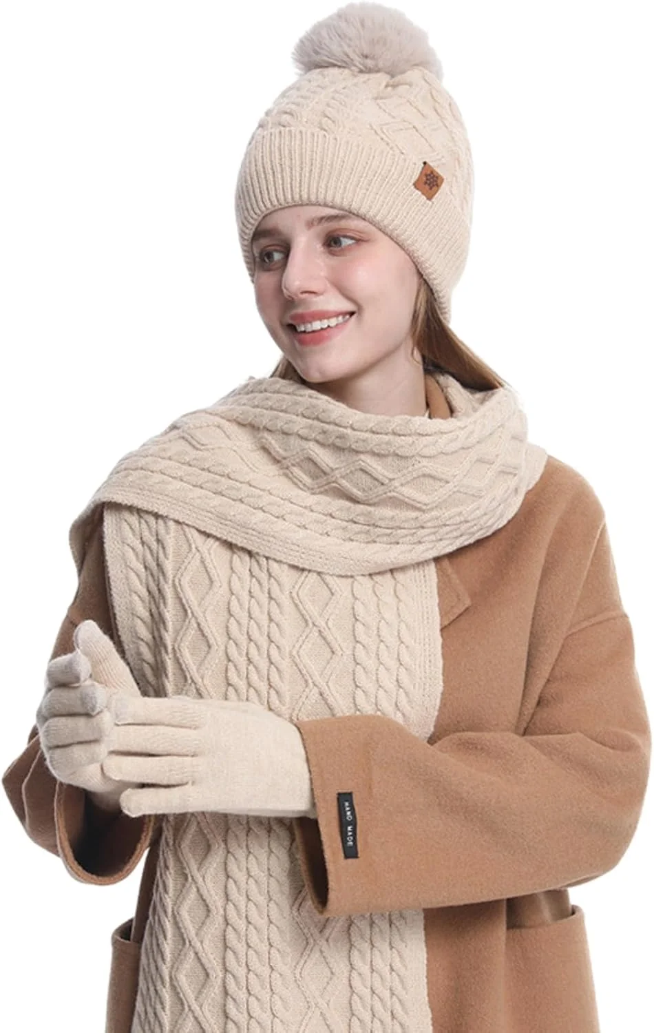 ست کلاه، شال گردن و دستکش زمستانی زنانه 3 تکه، بافت طرح مکعب سه بعدی، دستکش های دارای آستر پشمی و قابلیت استفاده از صفحه لمسی برای هوای سرد