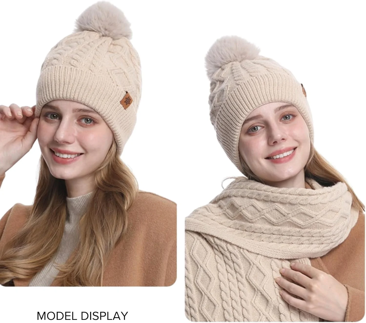 ست کلاه، شال گردن و دستکش زمستانی زنانه 3 تکه، بافت طرح مکعب سه بعدی، دستکش های دارای آستر پشمی و قابلیت استفاده از صفحه لمسی برای هوای سرد