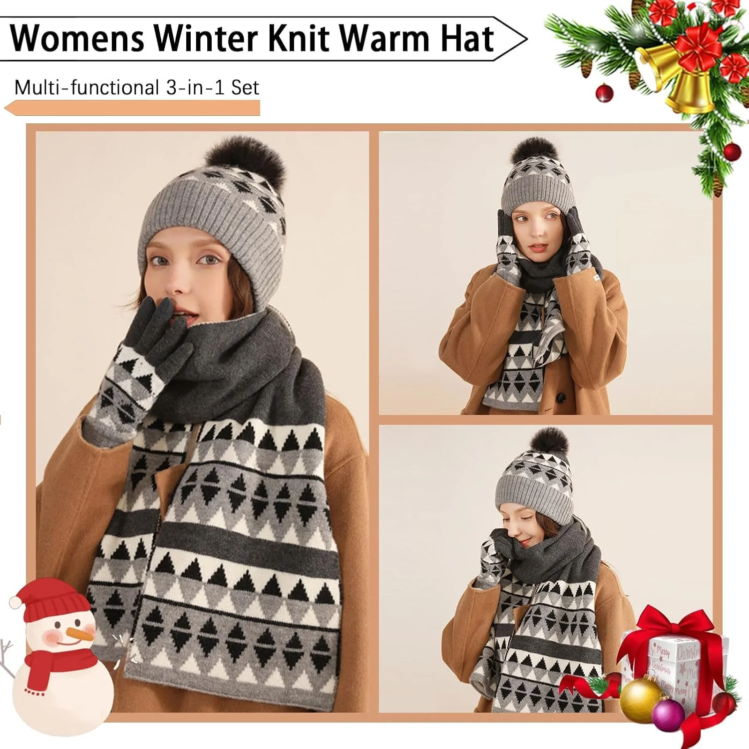 ست کلاه بافتنی زمستانی زنانه KASTWAVE، شال گردن و دستکش های لمسی - بسته 3 تکه گرم پشمی، کلاه جمجمه دنج و لوازم جانبی برای هوای سرد ست کلاه بافتنی زمستانی زنانه KASTWAVE، شال گردن و دستکش های لمسی - بسته 3 تکه گرم پشمی، کلاه جمجمه دنج و لوازم جانبی برای هوای سرد