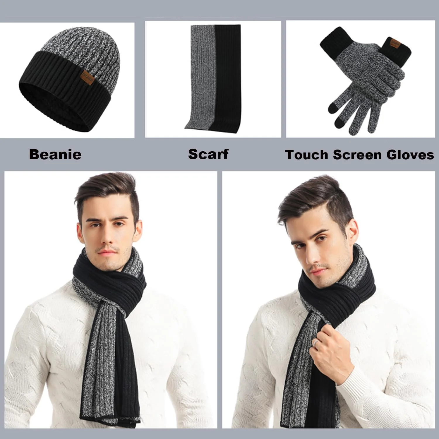 ست کلاه بافتنی زمستانی، دستکش های تاچ اسکرین و شال گردن KASTWAVE برای آقایان و بانوان - لوازم جانبی بافت گرم در رنگ های مشکی و خاکستری برای هوای سرد ست کلاه بافتنی زمستانی، دستکش های تاچ اسکرین و شال گردن KASTWAVE برای آقایان و بانوان - لوازم جانبی بافت گرم در رنگ های مشکی و خاکستری برای هوای سرد