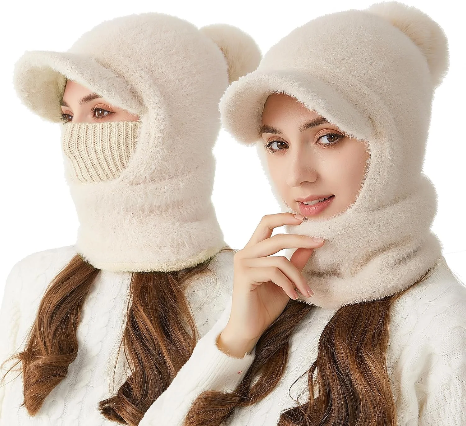 کلاه بافتنی زمستانی زنانه/مردانه، کلاه شال گردن یک تکه گرم، ماسک صورت بالاکلاوا با آستر پشمی ضخیم نرم، گرم کننده گردن ضد باد و کلاه محافظ گوش برای اسکی و مسافرت در فضای باز
