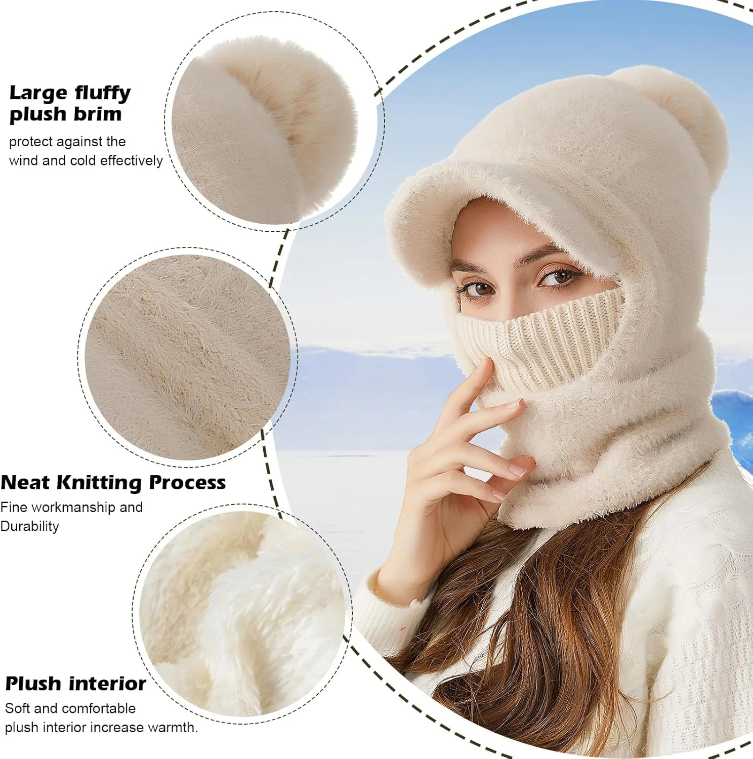 کلاه بافتنی زمستانی زنانه/مردانه، کلاه شال گردن یک تکه گرم، ماسک صورت بالاکلاوا با آستر پشمی ضخیم نرم، گرم کننده گردن ضد باد و کلاه محافظ گوش برای اسکی و مسافرت در فضای باز