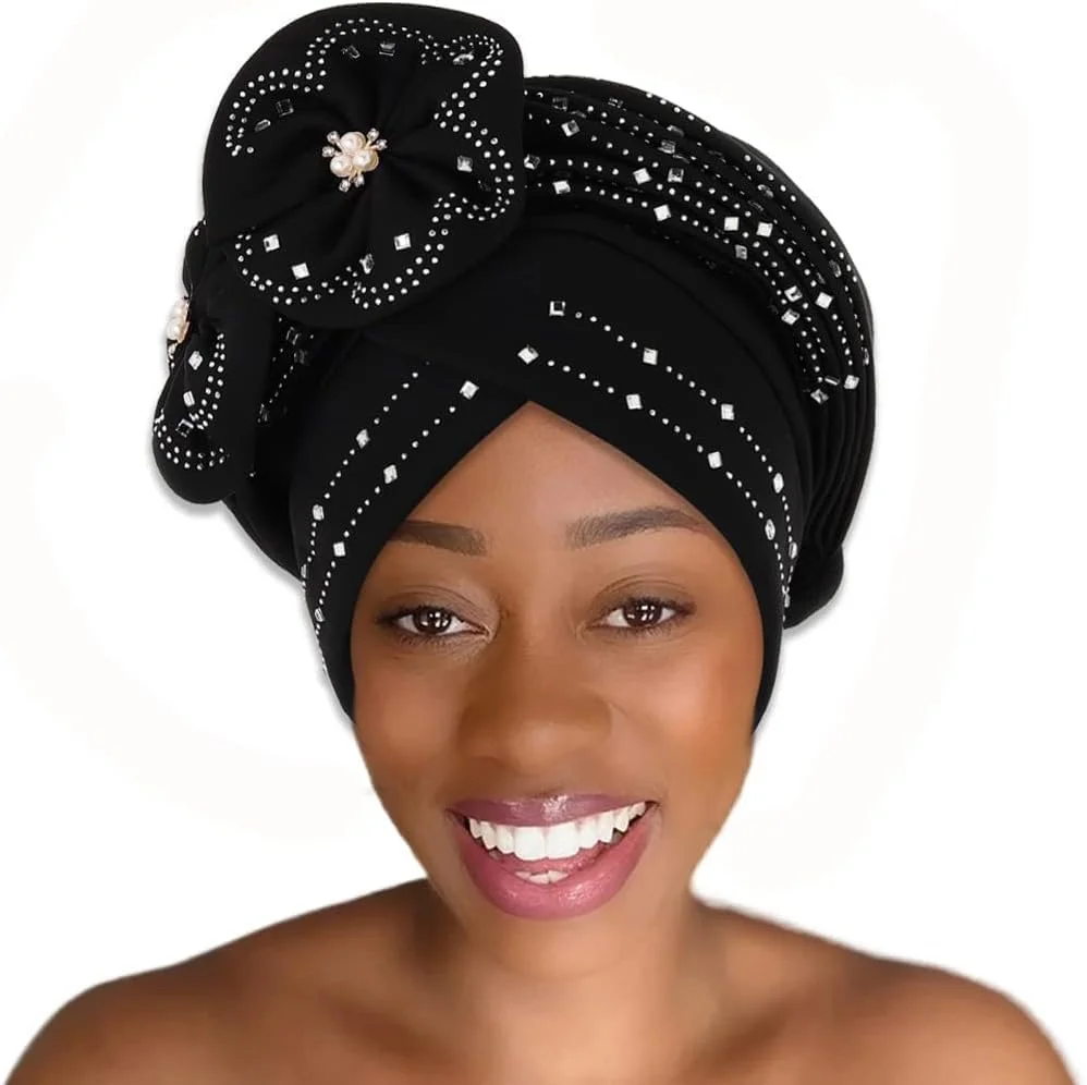 هدبند عمامه آفریقایی گلدار KASTWAVE، کلاه عمامه کشی پلیسه دار گلدار، کلاه عمامه از پیش گره زده شده، کلاه روسری پیچ مخملی، کلاه باندانا چین دار زنانه دخترانه (مشکی)