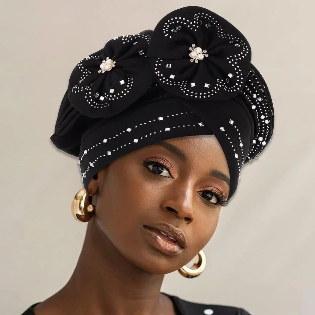 هدبند عمامه آفریقایی گلدار KASTWAVE، کلاه عمامه کشی پلیسه دار گلدار، کلاه عمامه از پیش گره زده شده، کلاه روسری پیچ مخملی، کلاه باندانا چین دار زنانه دخترانه (مشکی)