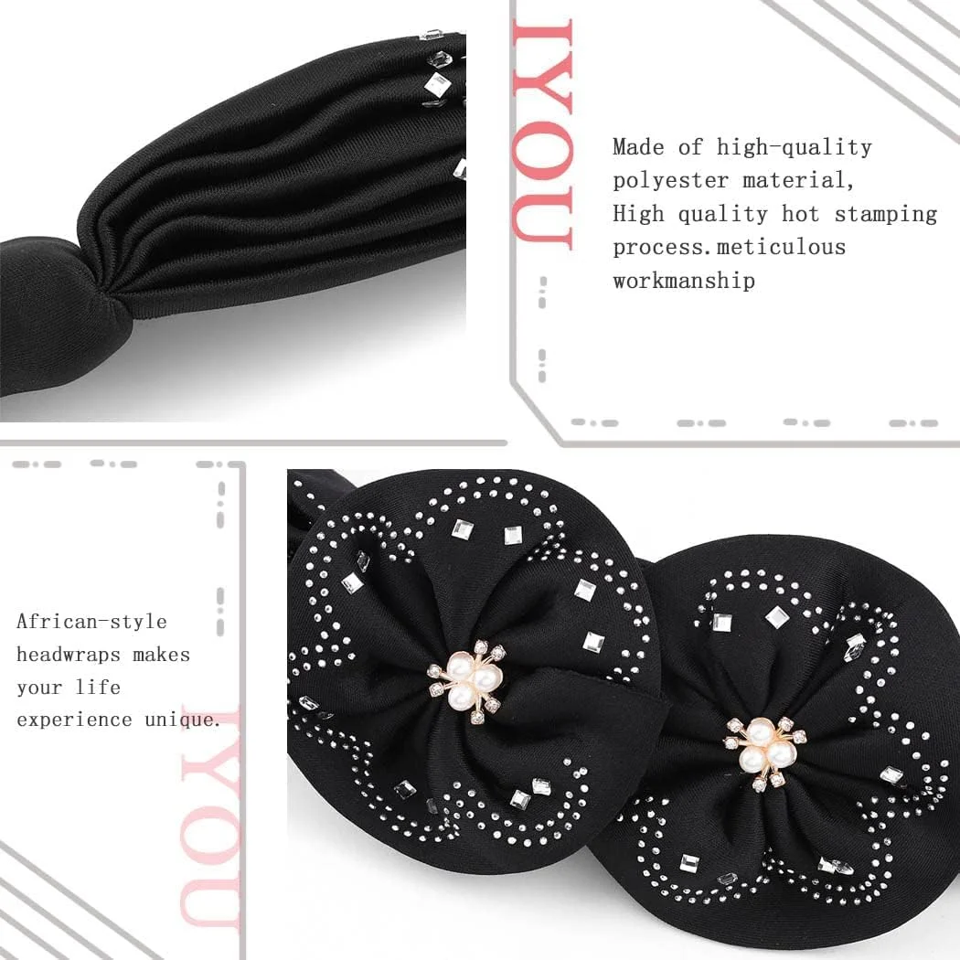 هدبند عمامه آفریقایی گلدار KASTWAVE، کلاه عمامه کشی پلیسه دار گلدار، کلاه عمامه از پیش گره زده شده، کلاه روسری پیچ مخملی، کلاه باندانا چین دار زنانه دخترانه (مشکی)