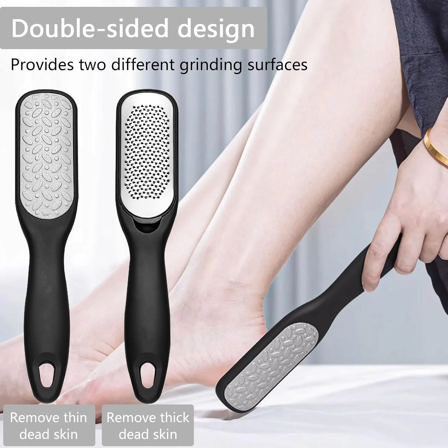 سوهان پا دو طرفه، سوهان پدیکور پا، اسکرابر پا، ابزار اسکرابر پا - 24.3x5 سانتی متر، فولاد ضد زنگ، قابل آویزان کردن، جداشدنی، نرم و صاف برای پوست های سفت و مرده، پاشنه های ترک خورده (مشکی)