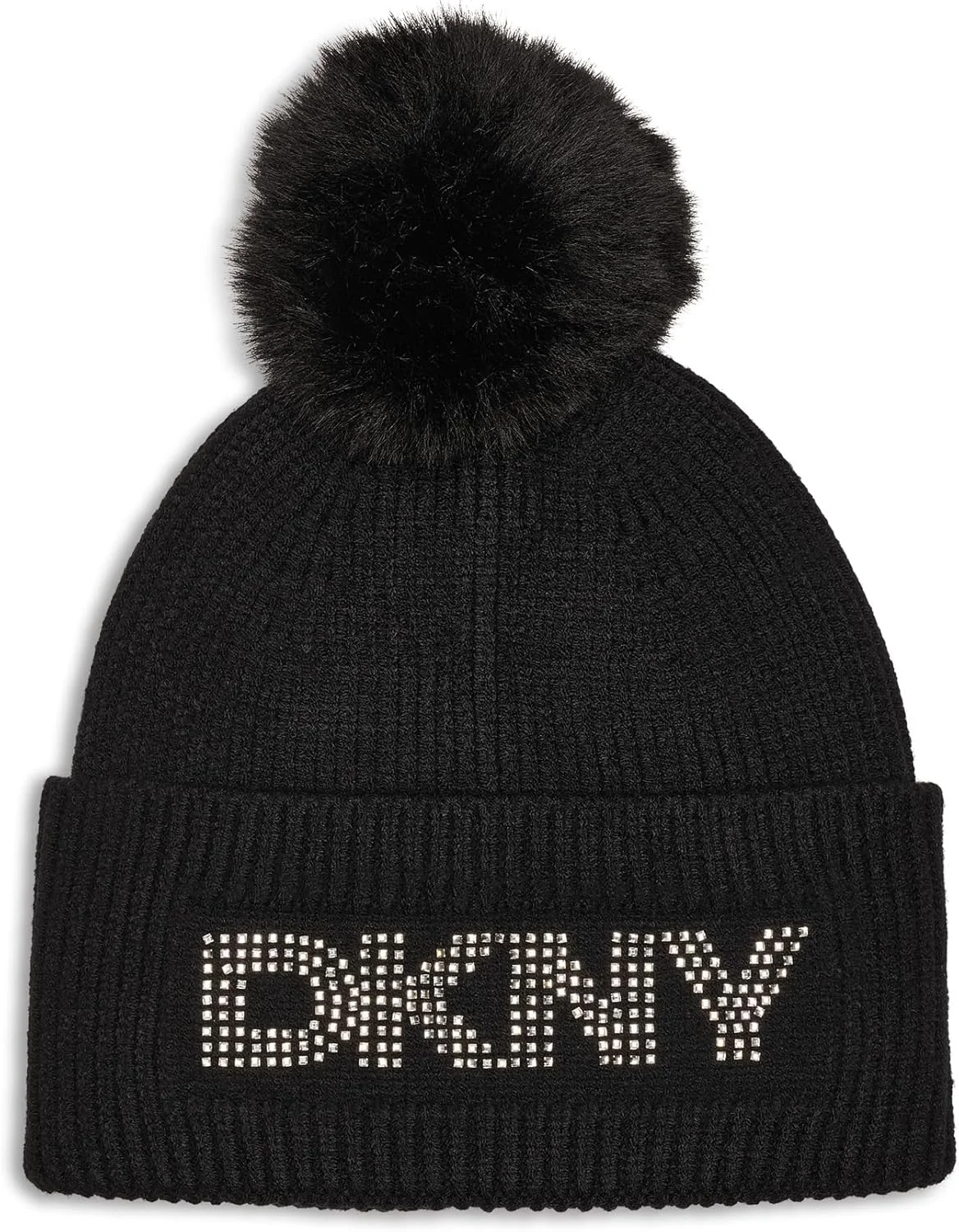 کلاه بافتنی زنانه DKNY با لوگوی گل میخ دار و منگوله خز مصنوعی