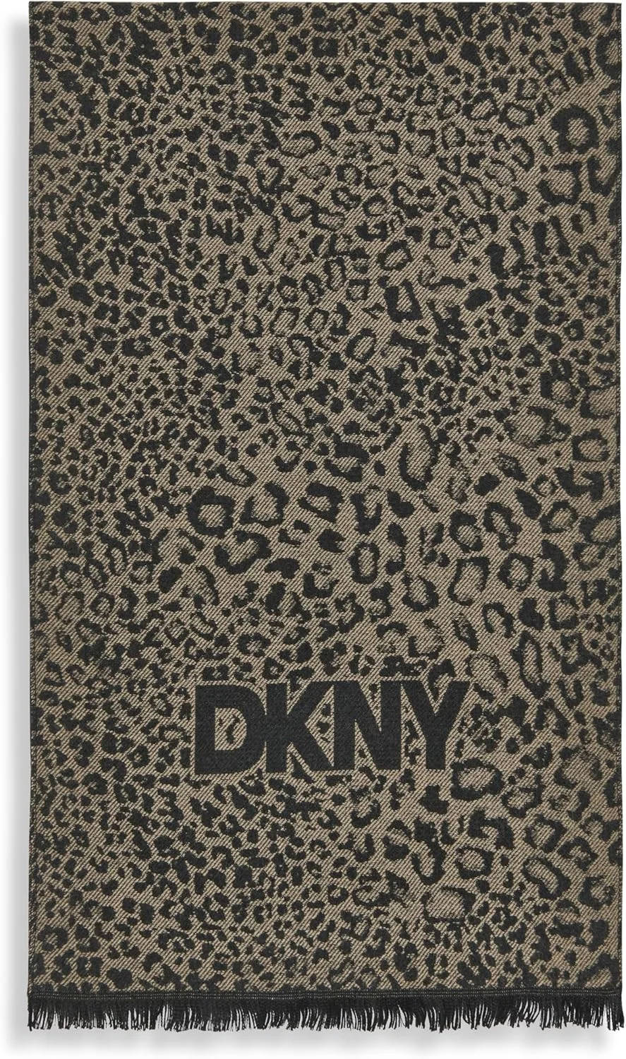 شال زنانه DKNY طرح پلنگی ژاکارد با ریشه های تابیده