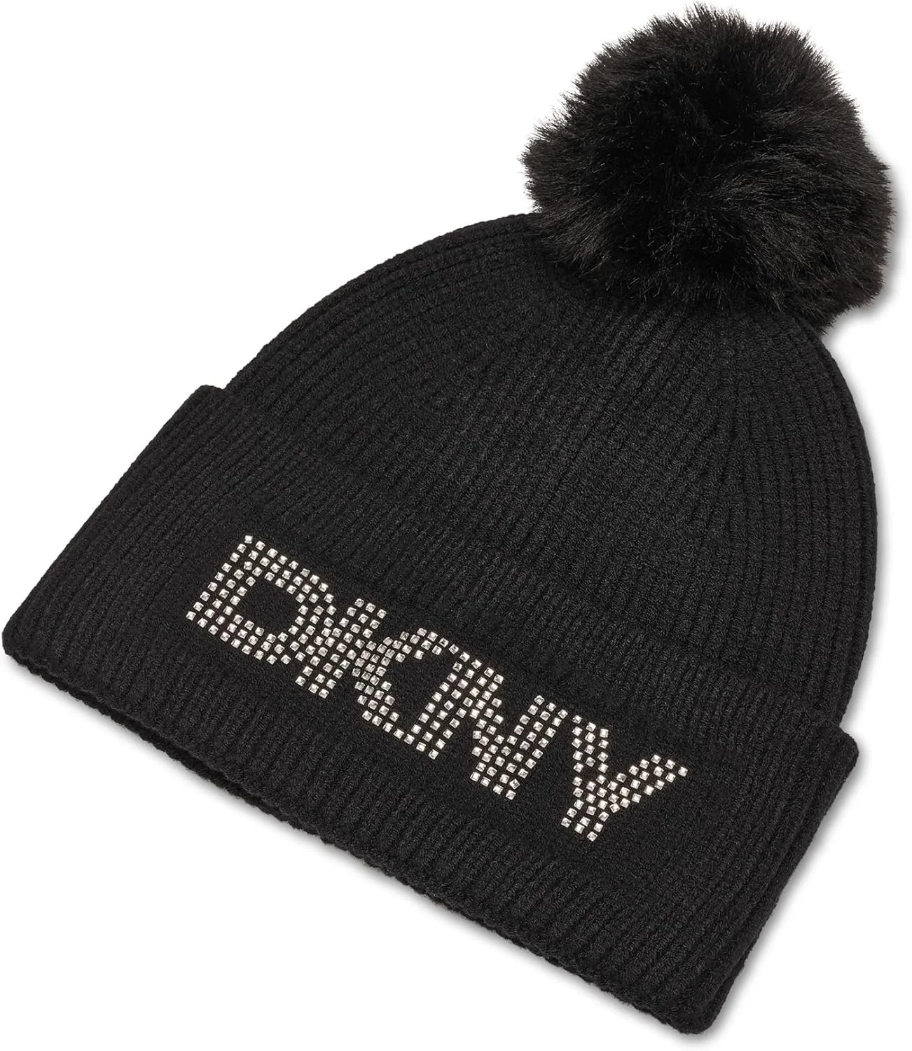 کلاه بافتنی زنانه DKNY با لوگوی گل میخ دار و منگوله خز مصنوعی