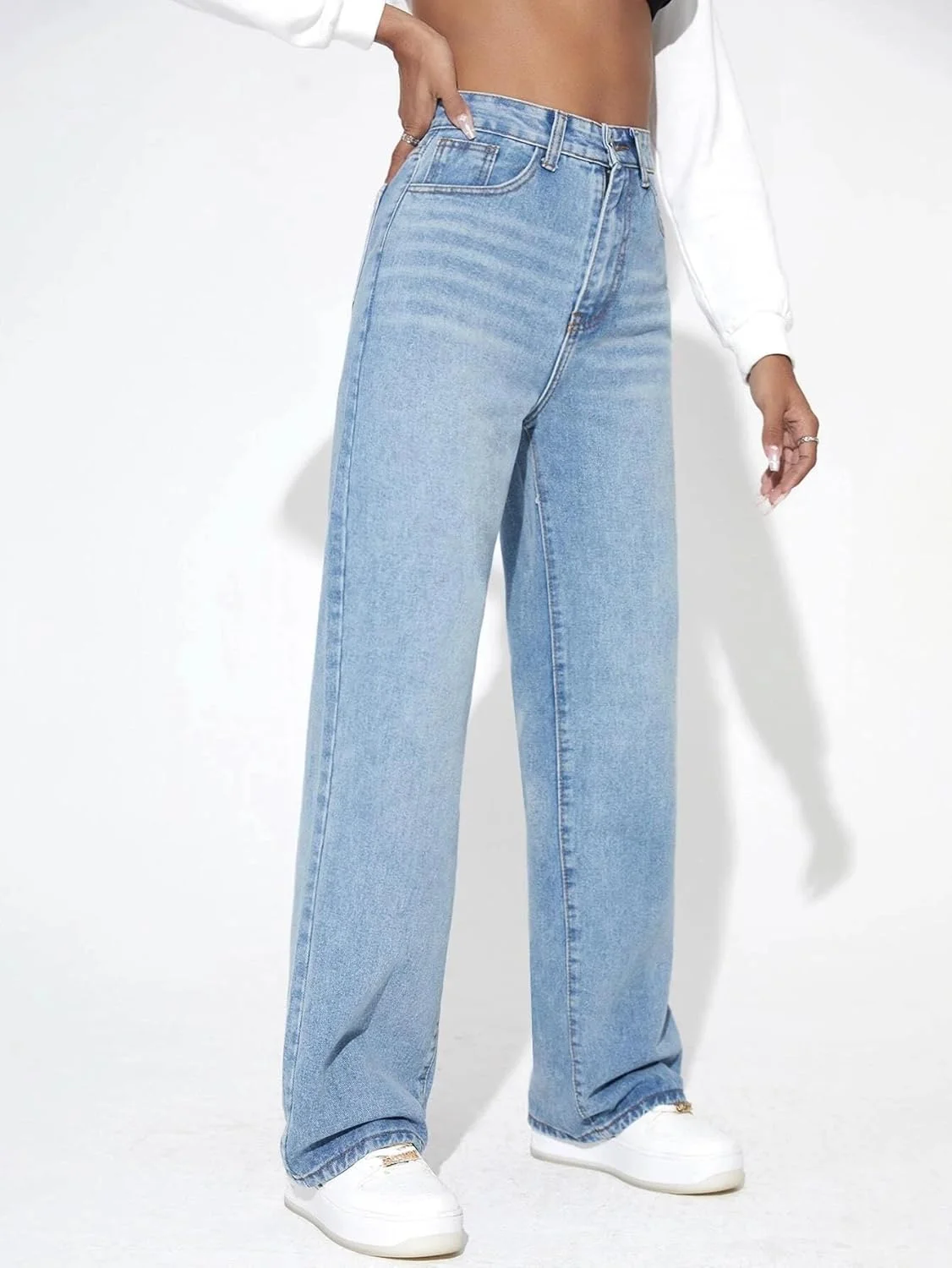 GRECIILOOKS شلوار جین زنانه مدرن با فیت معمولی (آبی آسمانی، 32) | مدل فاق: فاق بلند
