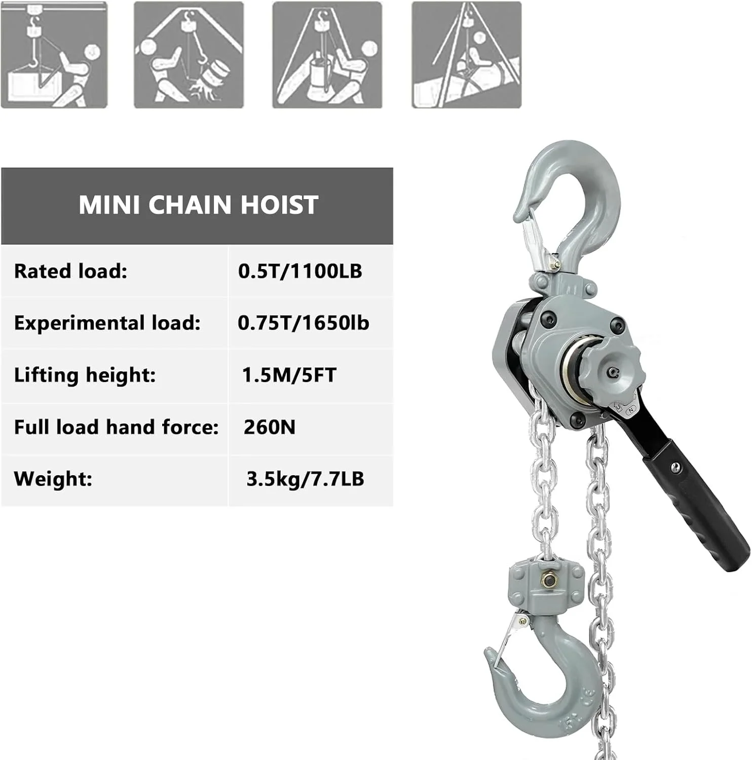 بالابر زنجیری دستی اهرمی 0.5 تن 500 کیلوگرم، ارتفاع بالابری 1.5 متری، قلاب چرخان 360 درجه، زنجیر همراه برای بلند کردن، کشیدن، ساخت و ساز، ساختمان، انبار و ماشین آلات