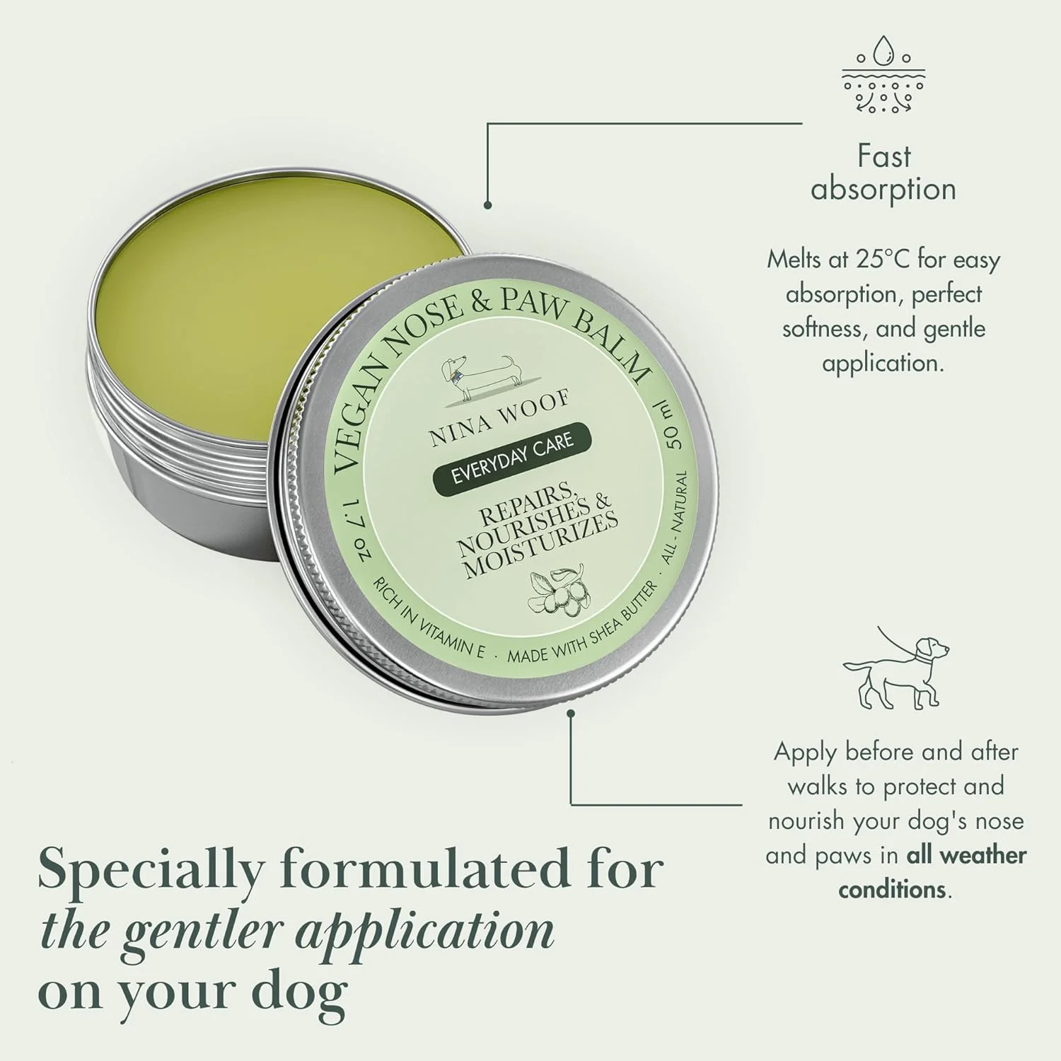 بالم پنجه و بینی سگ نینا ووف، وگان، تسکین دهنده پنجه ایمن برای لیسیدن با کره شی، روغن نارگیل و آووکادو با ویتامین E، ترمیم کننده پدهای و بینی خشک و ترک خورده، 50 میلی لیتر بالم پنجه و بینی سگ نینا ووف، وگان، تسکین دهنده پنجه ایمن برای لیسیدن با کره شی، روغن نارگیل و آووکادو با ویتامین E، ترمیم کننده پدهای و بینی خشک و ترک خورده، 50 میلی لیتر
